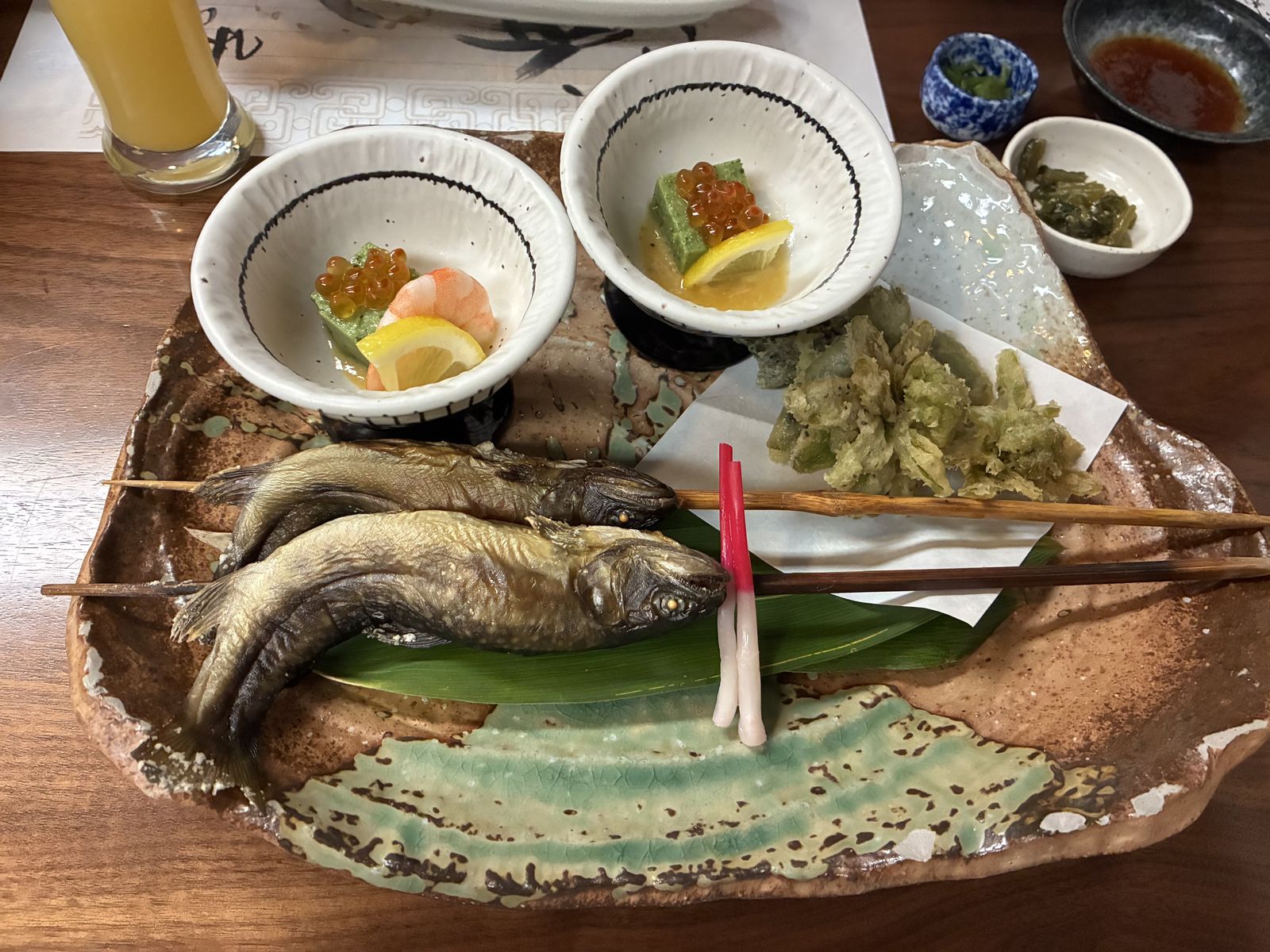 Hida-style charcoal-grilled iwana — mountain trout — served on the first-night kaiseki course at Yarimikan