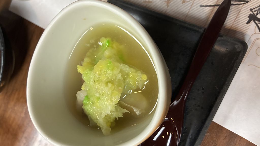 Haru-Midori — spring-greens steamed sea bream amadai with bamboo shoots and scallops at Yarimikan