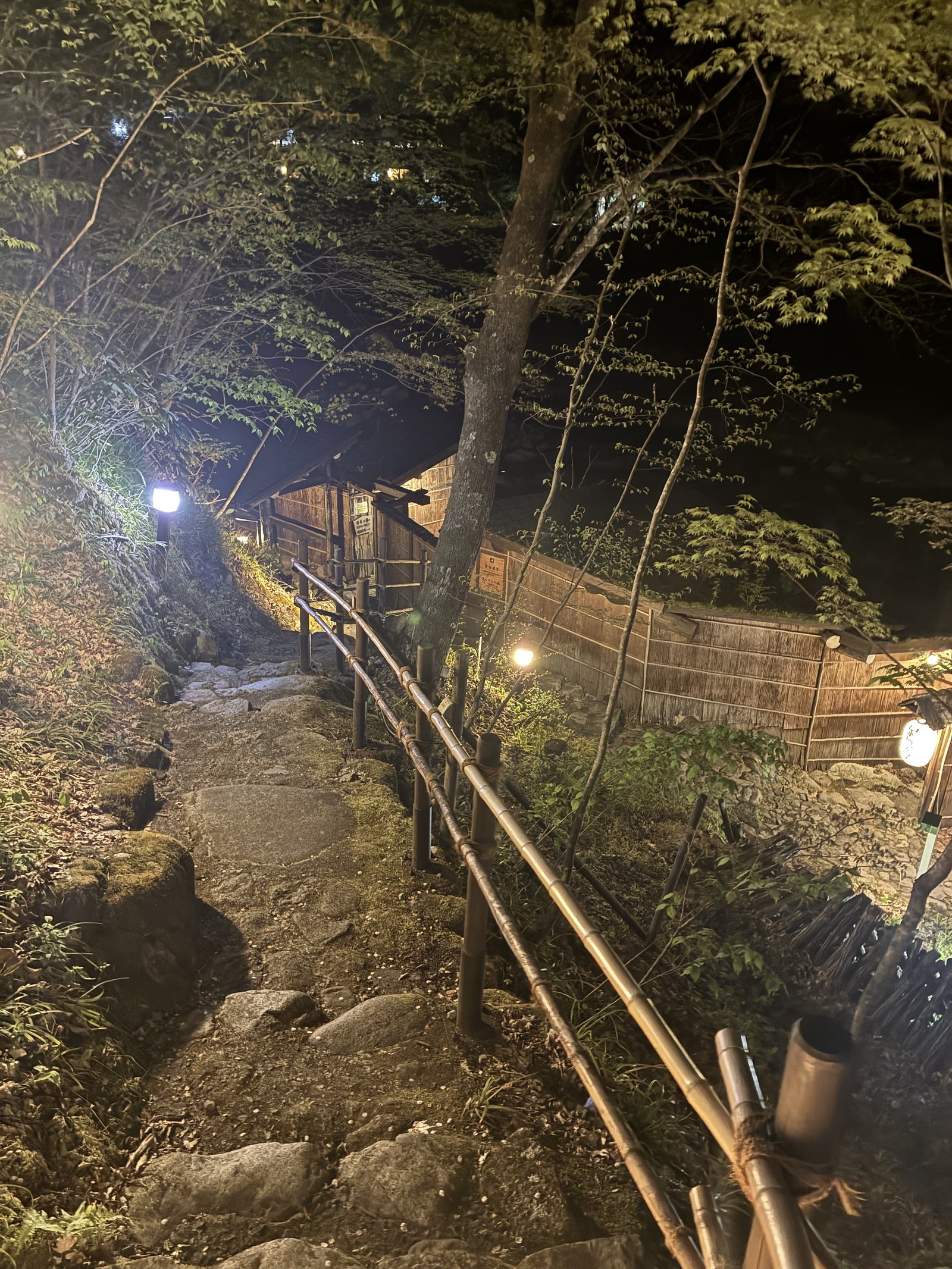 Stone steps and lanterns leading down to the outdoor onsen baths at Yarimikan ryokan at night
