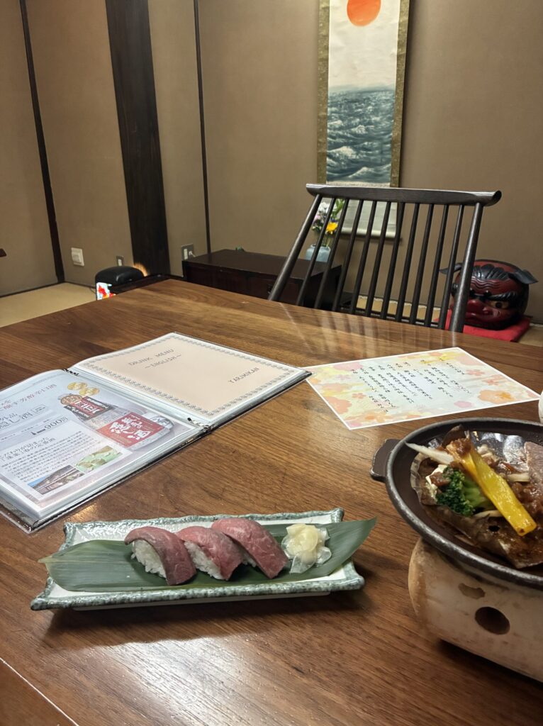 Second-night kaiseki course at Yarimikan with local Hida wagyu and seasonal mountain vegetables on a lacquered tray