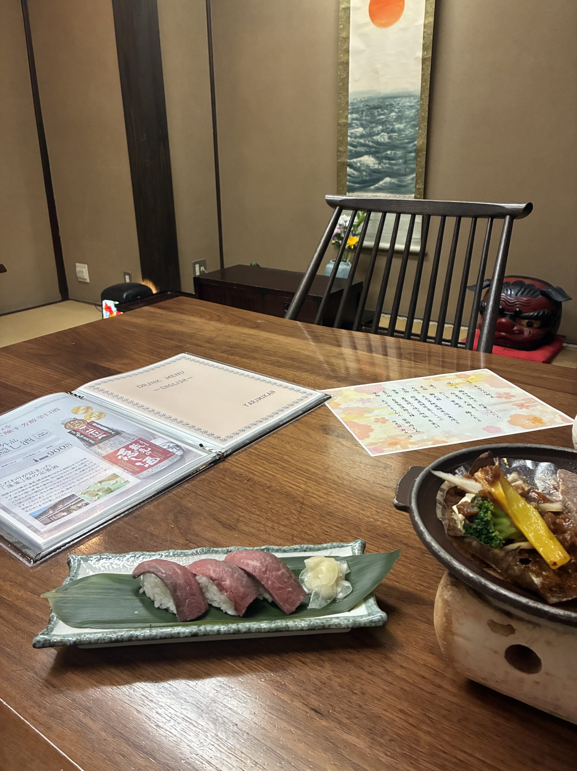 Second-night kaiseki course at Yarimikan with A5 Hida wagyu beef and seasonal mountain vegetables on a lacquered tray