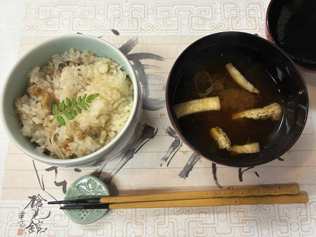 Asari clam takikomi rice and clam-broth miso soup as the rice course finale on Night 1 at Yarimikan