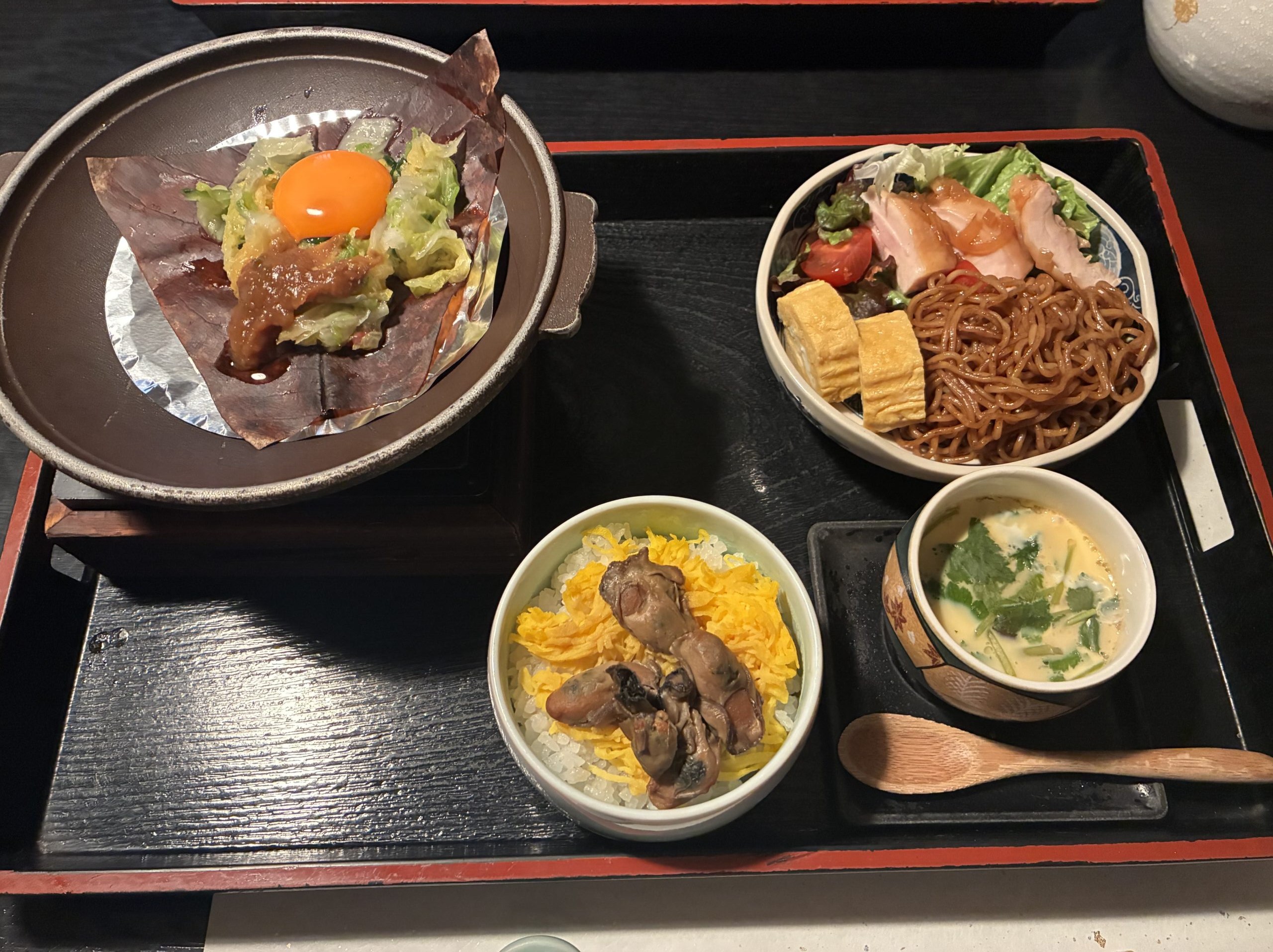 Lunch kaiseki tray served on tatami in the dining room of Yarimikan ryokan